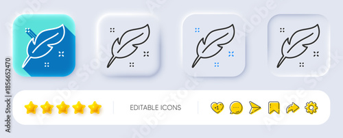 Feather quill pen line icon. Neumorphic, Flat shadow, 3d buttons. Calligraphy nib sign. Lightweight symbol. Line feather icon. Social media icons. Vector