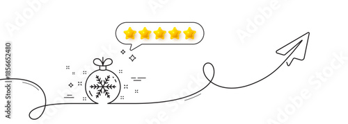 Christmas ball with snowflake line icon. Continuous line with share plane. New year tree decoration sign. Five star rate review in speech bubble. Christmas ball single line ribbon. Vector