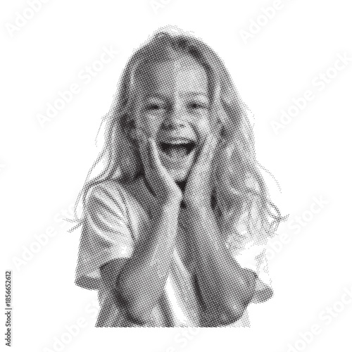 A joyful young girl with hands framing her face expressing happiness in a halftone style