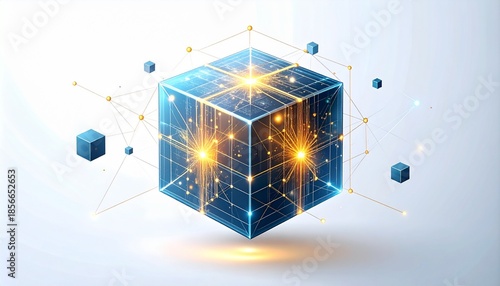 Glowing blue cube with yellow connections representing technology and innovation