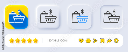 Shopping cart line icon. Neumorphic, Flat shadow, 3d buttons. Customer sale bag sign. Supermarket purchases symbol. Line sale bags icon. Social media icons. Vector
