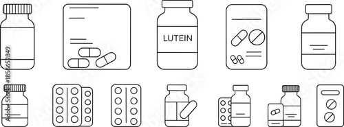 Black line icons of medicine and supplement packaging including pill bottles, blister packs, and labeled containers on white background