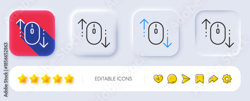 Scroll down mouse line icon. Neumorphic, Flat shadow, 3d buttons. Scrolling screen sign. Swipe page. Line scroll down icon. Social media icons. Vector