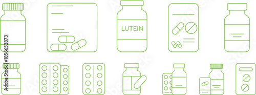 Black line icons of medicine and supplement packaging including pill bottles, blister packs, and labeled containers on white background