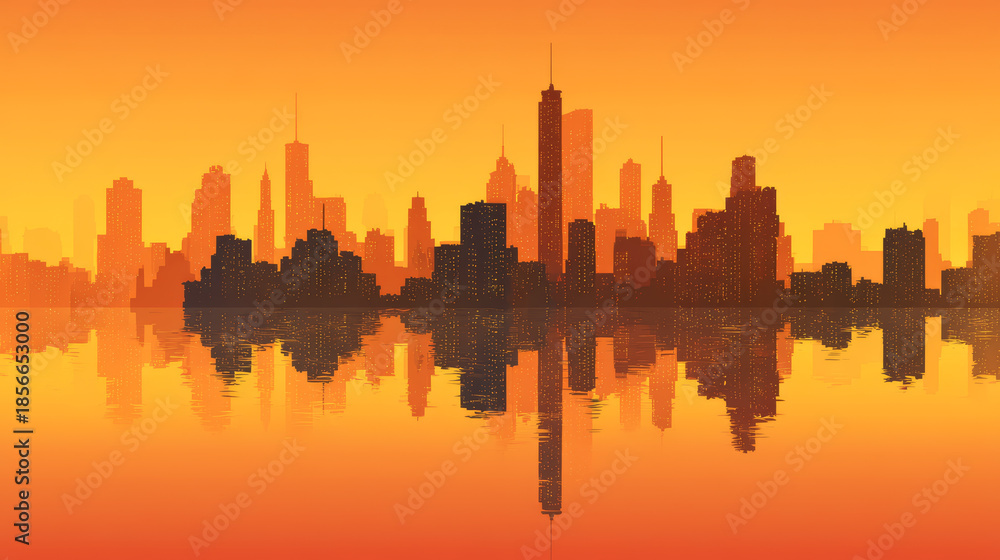 Obraz premium City skyline at sunset featuring modern high-rise buildings with glass facades reflecting on water, vibrant orange and yellow sky creating a dramatic urban landscape