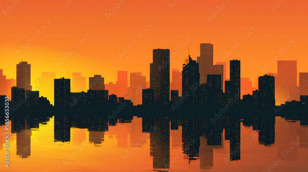 Fototapeta premium City skyline at sunset featuring modern high-rise buildings with reflective glass facades against a vibrant orange sky
