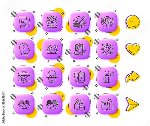 Prescription drugs, Aroma candle and People vaccination line icons. App 3d buttons. Social media comment, share, like icons. Pack of Difficult stress, Clean hands, Face biometrics icon. Vector
