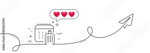 Baggage calendar line icon. Continuous line with share plane. Travel luggage sign. Journey bag claim symbol. Hearts rate review in speech bubble. Baggage calendar single line ribbon. Vector