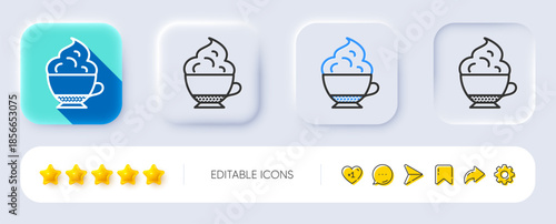 Cappuccino coffee with Whipped cream icon. Neumorphic, Flat shadow, 3d buttons. Hot drink sign. Beverage symbol. Line cappuccino cream icon. Social media icons. Vector