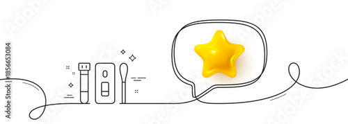 Nasal swab test line icon. Continuous line with 3d star. Coronavirus testing sign. Covid test tube symbol. 3d star in speech bubble. Covid test single line ribbon. Loop curve pattern. Vector