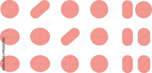 Pink pill and tablet icon set with diverse shapes and markings for pharmaceutical, medical, and wellness-themed design use.