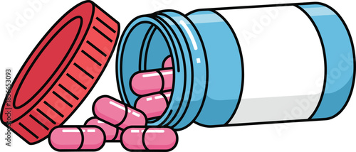 Cartoon pill bottle illustration with red cap and pink capsules for healthcare, pharmaceutical, and medication safety design