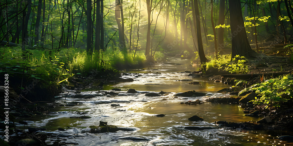 Obraz premium Sunlit Forest Stream with Sparkling Water