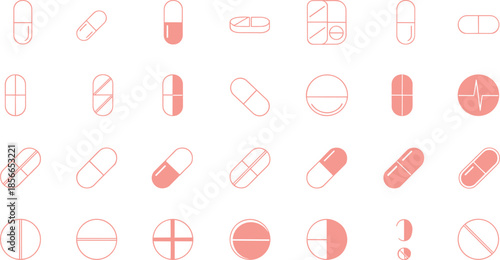 Pink icons of pills and capsules in various shapes, styles, and segmented designs on white background