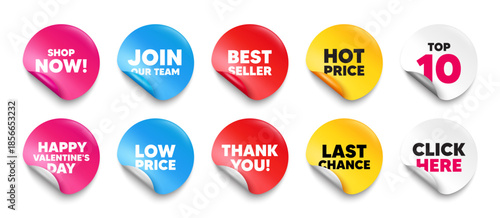 Shop now sticker tag. Top 10, Best seller, Hot price banners. Shop now tag. Special offer sign. Retail Advertising symbol. Join our team sticker. Vector