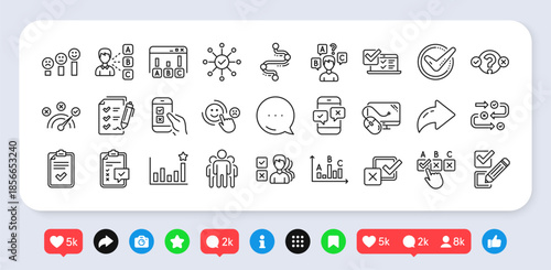 Survey review, Report quiz line icons. Social media: share, comment, like icons. Opinion, Customer satisfaction feedback and Test survey icons. Checklist review, Business report symbols. Vector