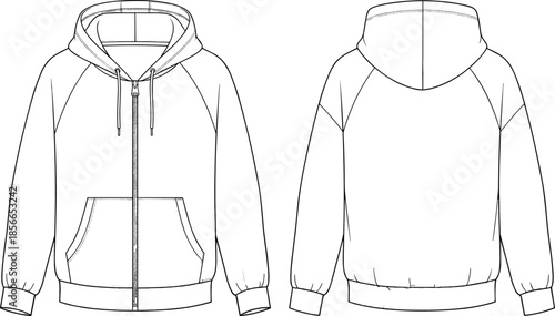 Fashion Technical Flat Sketch of a Men's Raglan Zip Up Hoodie Featuring Kangaroo Pockets Long Sleeves and Ribbed Trim Details