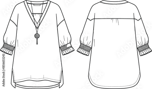 Fashion Flat Sketch of Women V Neck Tunic Blouse Vector Template Front and Back View Boho Top Technical Drawing for Design