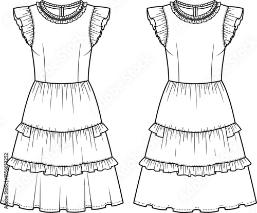 Fashion Technical Flat Sketch of Women's Ruffle Tiered Midi Dress Featuring Flutter Sleeves Frill Neckline and A-Line Skirt Silhouette Template