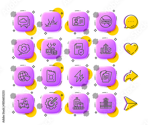 Baggage belt, Deflation and Stop stress line icons. App 3d buttons. Social media comment, share, like icons. Pack of Talk, Recovery data, Apartment insurance icon. Vector