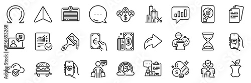 Omega, Family insurance and Delivery man line icons pack. Share, Message, Paper plane icons. Hdd, Cloud computing, Music web icon. Chat app, Payment, Mortgage pictogram. Vector