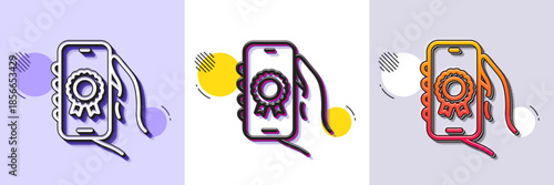 Award app line icon. Halftone dotted pattern. Gradient icon with grain shadow. Hand hold phone sign. Cellphone with screen notification symbol. Line award app icon. Various designs. Vector