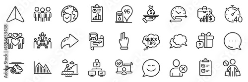 Loan, Smile chat and Inclusion line icons pack. Share, Message, Paper plane icons. Report, Medical helicopter, Petrol station web icon. Investment graph, Salary, Online access pictogram. Vector