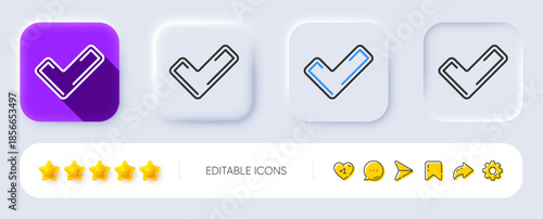 Check line icon. Neumorphic, Flat shadow, 3d buttons. Approved Tick sign. Confirm, Done or Accept symbol. Line tick icon. Social media icons. Vector