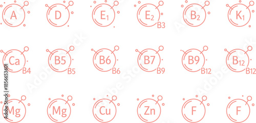 Vitamin and mineral icon set with circular molecular designs for nutrition, health education, and supplement-themed design use.