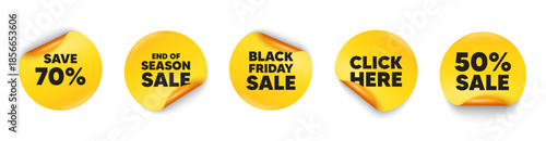 Discount sticker tag. 50 percent discount, Black friday paper price banners. Save 70 percent off tag. Sale Discount offer price sign. Special offer symbol. Click here sticker. Vector
