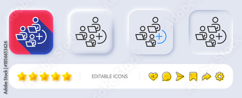 Add team line icon. Neumorphic, Flat shadow, 3d buttons. Teamwork sign. Remote team employees symbol. Line add team icon. Social media icons. Vector