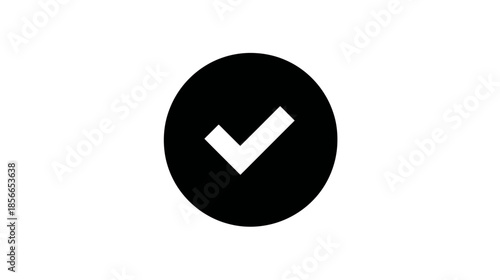White checkmark icon within a solid black circle, isolated on a clean white background, symbolizing approval, completion, success, and correctness.