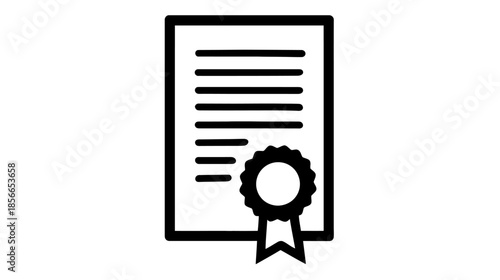 Black and white vector icon of an official document with a seal and ribbon, representing a certificate, award, or diploma.