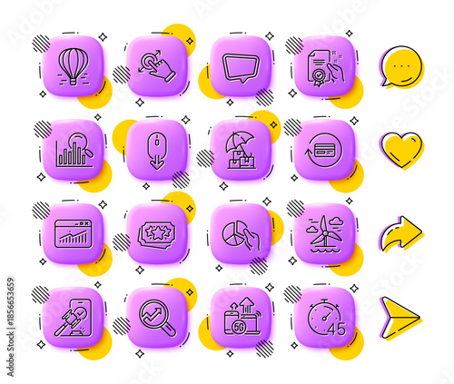 Air balloon, Touchscreen gesture and Pie chart line icons. App 3d buttons. Social media comment, share, like icons. Pack of Chat message, Delivery insurance, Loyalty points icon. Vector