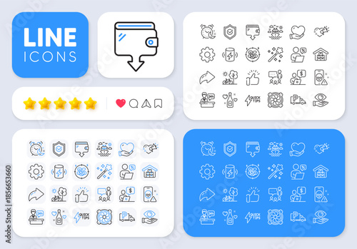 Stress, Love champagne and Magic wand line icons for web app. Message, Share, Like social media icons. Pack of Approved shield, Quickstart guide, Online discounts pictogram icons. Vector