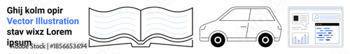 Education, transportation, analytics, research, technology, information. Open book, car and analytics dashboard elements presented in a minimalist style. Education and transportation conceptual