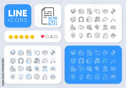 Qr code, Food time and Business meeting line icons for web app. Message, Share, Like social media icons. Pack of Timeline, Volunteer, Face id pictogram icons. Vector