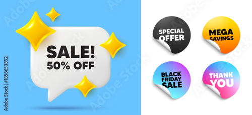 Sale speech bubble, sticker tags. Offer, Black friday stickers. Sale 50 percent off discount. Promotion price offer sign. Retail badge symbol. Thank you tag. 3d sparkle chat bubble. Vector