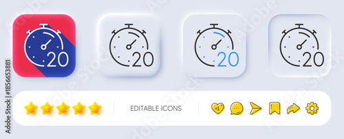 Timer 20 minutes line icon. Neumorphic, Flat shadow, 3d buttons. Stopwatch time sign. Countdown clock symbol. Line timer icon. Social media icons. Vector