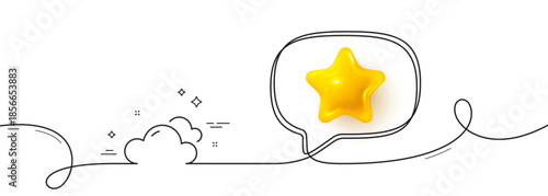 Cloudy weather line icon. Continuous line with 3d star. Clouds sign. Sky symbol. 3d star in speech bubble. Cloudy weather single line ribbon. Loop curve pattern. Vector
