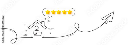 Work at home line icon. Continuous line with share plane. Outsource job sign. Remote office employee symbol. Five star rate review in speech bubble. Work home single line ribbon. Vector