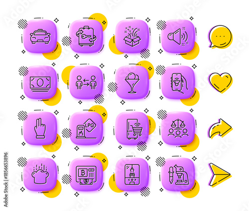 Court jury, Taxi and Luggage line icons. App 3d buttons. Social media comment, share, like icons. Pack of Gas station, Click hand, Teamwork business icon. Vector
