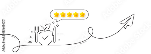 Vegetarian food line icon. Continuous line with share plane. Vegan meal sign. Apple fruit symbol. Five star rate review in speech bubble. Vegetarian food single line ribbon. Loop curve pattern. Vector