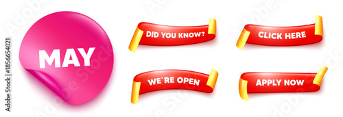 May sticker, offer ribbons. Apply now, Did you know. May month icon. Event schedule May date. Meeting appointment planner. Pink sticker tag. Flag ribbon banners. Vector