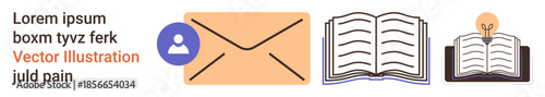 Education, communication, knowledge sharing, innovation, message delivery, creativity. An envelope with user icon, open books and lightbulb icon. Knowledge sharing and communication concept