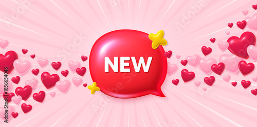 New offer love banner with 3d hearts. Sunburst flare background. New offer 3d bubble banner. Arrival chat sticker. Offer label icon. Valentines day greeting card. Vector
