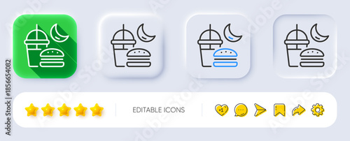 Night eat line icon. Neumorphic, Flat shadow, 3d buttons. Fast food before sleep sign. Gluttony symbol. Line night eat icon. Social media icons. Vector