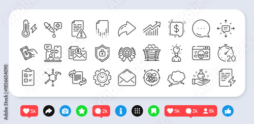 Marketing, Chemical formula and Mail line icons pack. Social media: share, comment, like icons. Education, Pay money, Sms web icon. Stress, Chemistry lab, Instruction manual pictogram. Vector