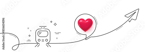 Train transport line icon. Continuous line with share plane. Public transportation sign. Tram symbol. 3d heart in speech bubble. Train single line ribbon. Loop curve pattern. Vector