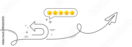 Undo arrow line icon. Continuous line with share plane. Left turn direction symbol. Navigation pointer sign. Five star rate review in speech bubble. Undo single line ribbon. Loop curve pattern. Vector
